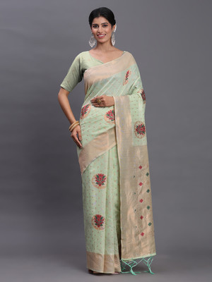 Tasrika Woven Banarasi Cotton Linen Saree(Light Green)