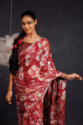 MIRCHI FASHION Floral Print Daily Wear Chiffon, Georgette Saree(Maroon, Beige)