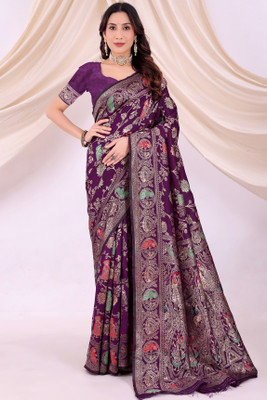 VKARAN Woven Kanjivaram Silk Blend Saree(Purple)