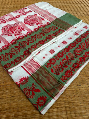 KhayaFashion Woven Jamdani Pure Cotton Saree(White, Red)