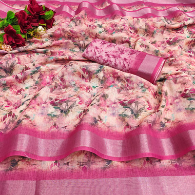 parakhiya fab Printed Bollywood Cotton Linen, Cotton Silk Saree(Pink)