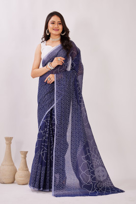 PIYA DESIGNER Floral Print, Hand Painted Bandhani Chanderi, Cotton Blend Saree(Dark Blue)