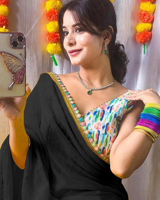 Volmina Solid/Plain, Self Design Bollywood Georgette Saree(Black)