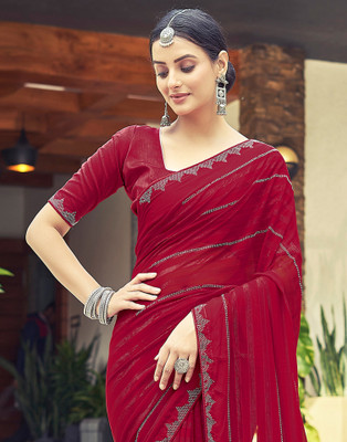 Samah Self Design, Embellished Bollywood Georgette Saree(Red)