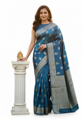 VasCloth Embroidered Banarasi Silk Blend Saree(Blue)
