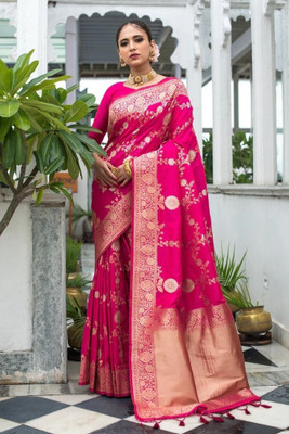 khanjan hub Self Design, Applique, Blocked Printed, Checkered Banarasi Jacquard, Art Silk Saree(Pink)