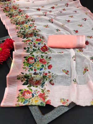 KHANUDI Digital Print Kanjivaram Cotton Linen Saree(Multicolor)