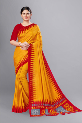 Novus Knitting Printed Mysore Art Silk Saree(Yellow, Red)
