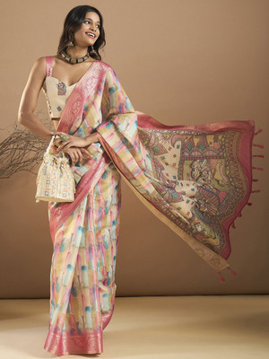 Sangria Printed Kanjivaram Silk Blend Saree(Cream)