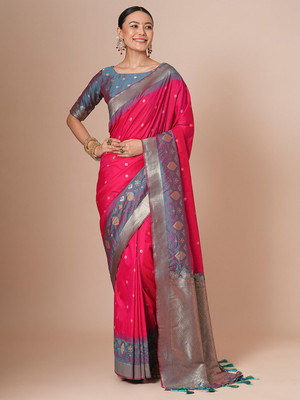 House of Pataudi Woven Banarasi Silk Blend Saree(Pink)