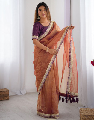 Samah Dyed, Embellished, Self Design Bollywood Jimmy choo, Net Saree(Brown)