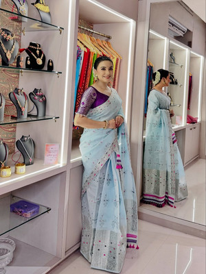 Sheden Lopez Creation Woven Mekhela Chador Cotton Silk Saree(Light Blue)