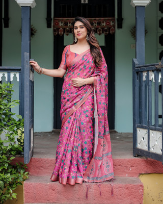Bansari Textiles Printed Bollywood Cotton Linen Saree(Pink)