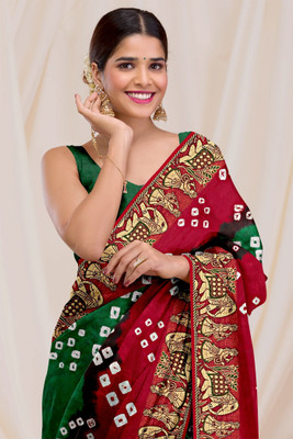 DHARMRAJ ENTERPRISE Printed Bandhani Art Silk Saree(Green, Maroon)