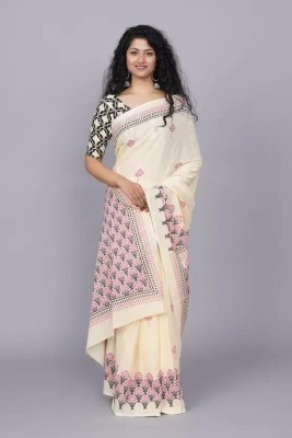 Tropwear Printed Ikkat Pure Cotton Saree(Cream)