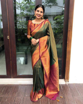 TWINLIGHT Woven Kanjivaram Pure Silk, Art Silk Saree(Green, Maroon)