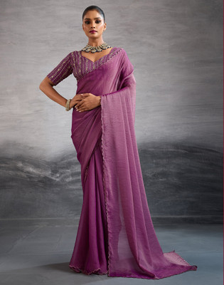 Satrani Solid/Plain Bollywood Georgette Saree(Purple)