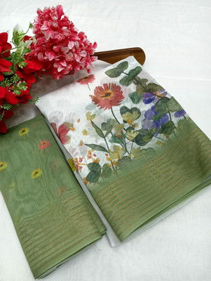 HouseOfCommon Printed Kanjivaram Chanderi, Pure Silk Saree(White, Green)