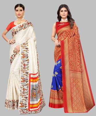 Nirvaan Self Design, Digital Print, Printed Mysore Art Silk Saree(Pack of 2, Orange, Light Blue)
