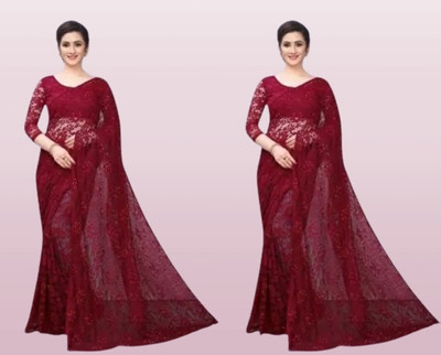 online bazaarr Self Design Bollywood Net Saree(Pack of 2, Maroon)