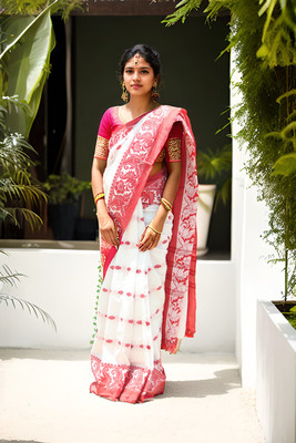 ADIVASI SHOP Solid/Plain Handloom Cotton Blend Saree(White, Red)