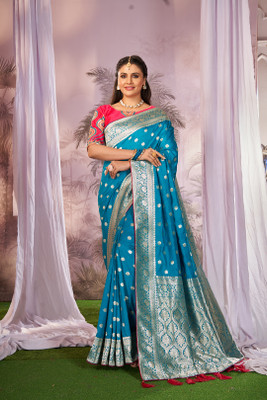 MANOHARI Woven Banarasi Silk Blend Saree(Blue)