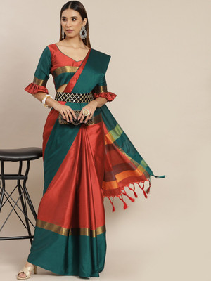 Divastri Color Block Bandhani Cotton Silk Saree(Red, Green)