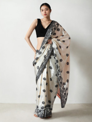 LeeliPeeri Designer Floral Print Bollywood Silk Blend Saree(White, Black)