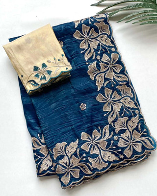 LAJEELEE Embroidered Bollywood Jimmy choo Saree(Dark Blue)