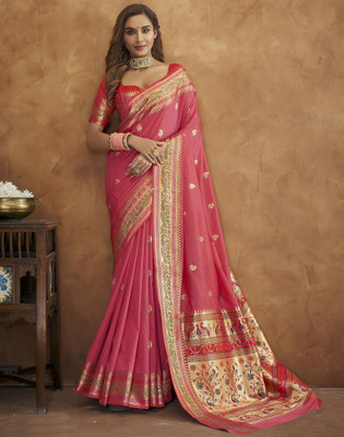 Satrani Woven, Self Design, Embellished Paithani Pure Silk Saree(Pink, Gold)