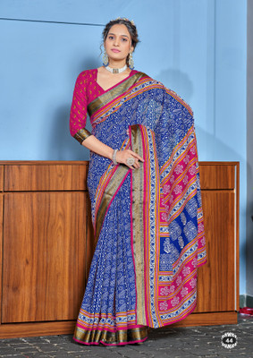 Divastri Printed Chanderi Cotton Blend Saree(Blue)