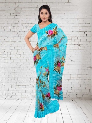 Classy Foriever Printed Daily Wear Cotton Blend Saree(Light Blue)