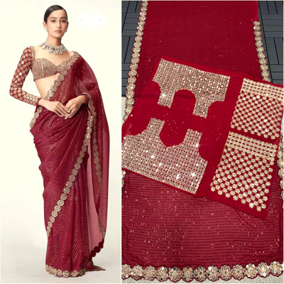 MANIBAA CLOTHING Embroidered, Embellished Bollywood Georgette Saree(Red)