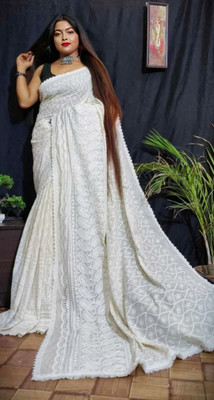 Anjali textile Printed, Self Design Lucknow Chikankari Cotton Blend Saree(White)