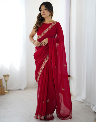 Tasrika Embroidered Bollywood Jimmy choo, Tissue Saree(Red)