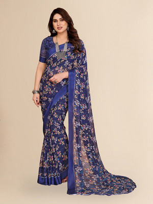 Moda Rapido Embellished, Floral Print Bollywood Georgette, Satin Saree(Blue)