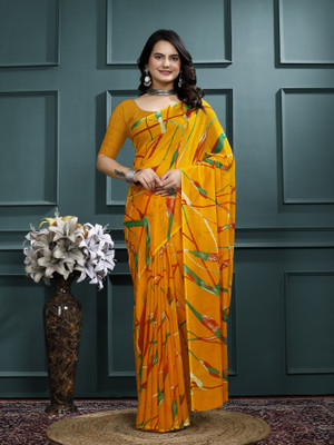 Kanooda Prints Printed Bollywood Georgette Saree(Yellow)