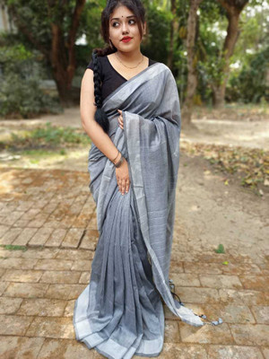 SRIJITA SAREE CENTER Striped Handloom Cotton Blend Saree(Grey)