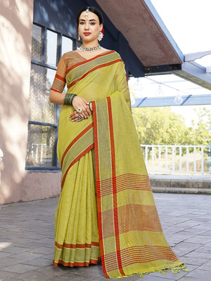 ANOUK Woven Bollywood Linen Saree(Light Green)