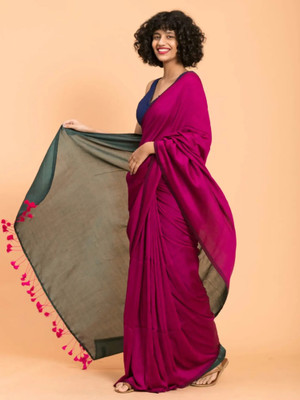 SLAGHA Solid/Plain, Self Design, Color Block Bollywood Handloom Cotton Blend Saree(Pink, Green)