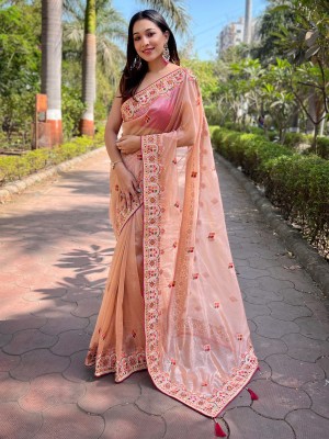 Divastri Embellished Bollywood Tissue Saree(Orange)