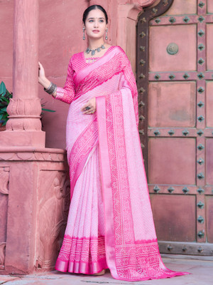 Anouk Rustic Digital Print Hand Batik Cotton Linen Saree(Pink)