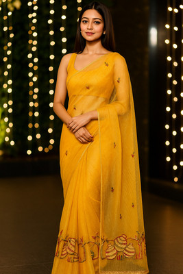 Maa Kaali Creations Embroidered Bollywood Net Saree(Mustard)