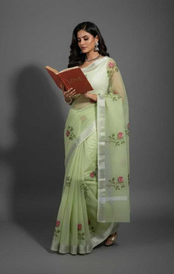 Tilfelle Embroidered Kota Doria Cotton Blend Saree(Light Green)