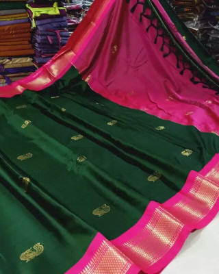 Hani Fab Woven Paithani Cotton Silk Saree(Dark Green)