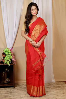 DipDiya Embellished, Self Design Handloom Cotton Blend Saree(Red)