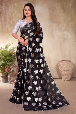 REDFISH Printed, Temple Border, Self Design Bollywood Georgette, Chiffon Saree(Black)