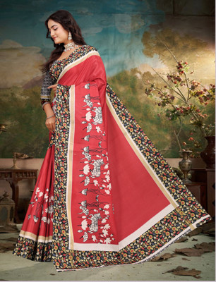 Mervadiya Printed Kanjivaram Pure Cotton, Cotton Linen Saree(Red)
