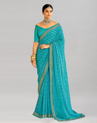 Samah Printed, Embellished Bandhani Georgette Saree(Light Blue, White)