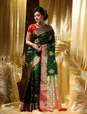 NAZABSAREES Embroidered Banarasi Handloom Satin Saree(Dark Green, Black, Brown, Yellow)